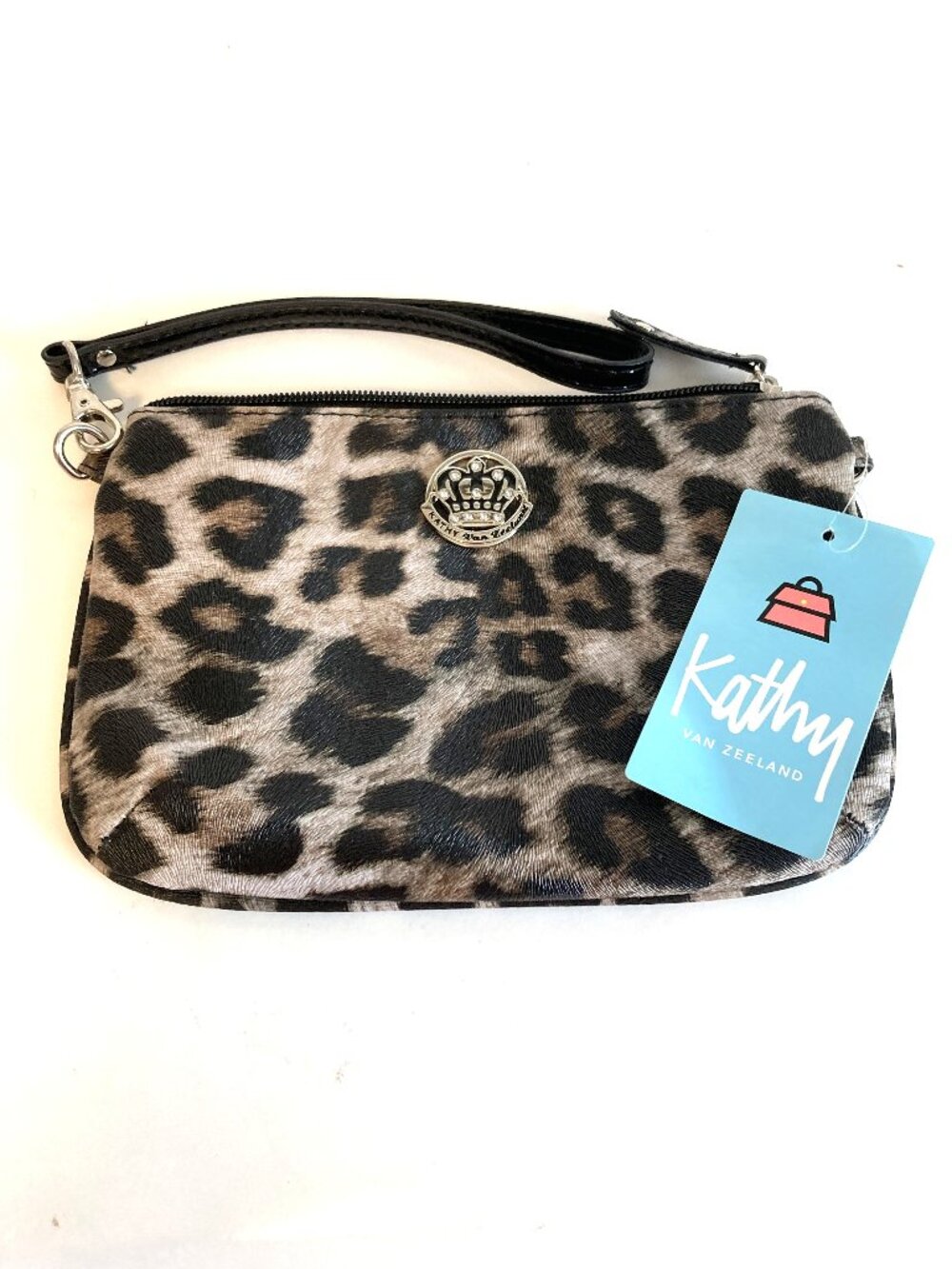 Kathy Van Zeeland Leopard Leather Wristlet / Cosmetic Pouch-NWT